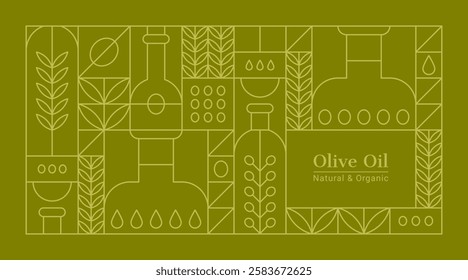 Green geometric linear background with olive oil in bottles, fruits and tree leaves. Vector outline abstract poster in modern minimal line art style with Mediterranean virgin cooking oil and branches