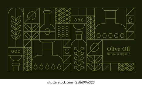 Green geometric linear background with olive oil in bottles, fruits and tree leaves. Vector outline abstract poster in modern minimal line art style with Mediterranean virgin cooking oil and branches