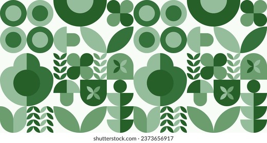 Green geometric mosaic seamless pattern illustration with nature abstract shapes. Flat style. Fresh organic concept background print. Eco friendly minimalist shape texture, geometry collage.