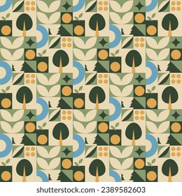 Green geometric mosaic seamless pattern illustration with nature abstract shapes. 