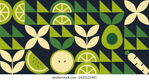 Green geometric mosaic seamless pattern illustration. Organic fruit vegetable geometric pattern. Natural food background creative simple bauhaus style, agriculture vector design. Healthy Food pattern