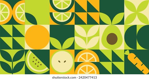 Ilustración de patrón transparente de mosaico geométrico verde. Patrón geométrico vegetal de frutas orgánicas. Fondo natural de la comida creativo estilo bauhaus simple, diseño de vectores agrícolas. Patrón de alimentos sanos