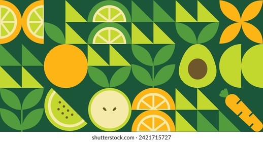 Green geometric mosaic seamless pattern illustration. Organic fruit vegetable geometric pattern. Natural food background creative simple bauhaus style, agriculture vector design. Healthy Food pattern