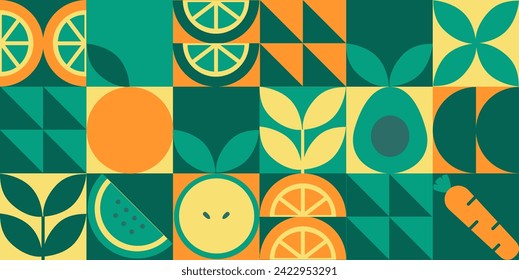 Green geometric mosaic seamless pattern illustration. Organic fruit vegetable geometric pattern. Natural food background creative simple bauhaus style, agriculture vector design. Healthy Food pattern