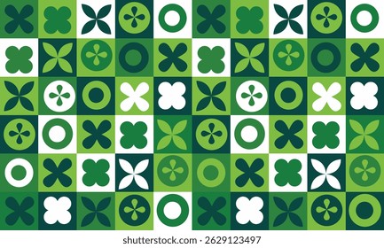 Ilustração padrão sem costura em mosaico geométrico verde com formas abstratas de natureza. Nova impressão de fundo de conceito orgânico. Textura de forma minimalista eco amigável, colagem de geometria.