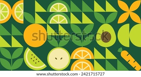 Green geometric mosaic seamless pattern illustration. Organic fruit vegetable geometric pattern. Natural food background creative simple bauhaus style, agriculture vector design. Healthy Food pattern