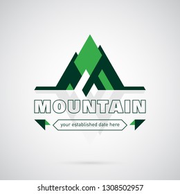 Green geometric mountains logo template. For sports shops, tourism and nature reserves. Creative and modern symbol for company identity, advertising, poster, leaflet, banner, web and flyer.
