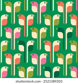 Green geometric pattern of birds. Geometric repeating bird pattern.