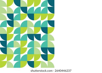 A green, geometric pattern composed of quarter circles on a white background.