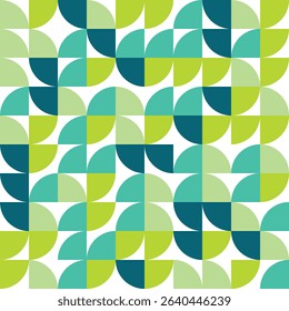 A green, geometric pattern composed of quarter circles on a white background.