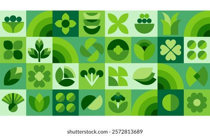 Green geometric pattern illustration with nature abstract shapes. Fresh organic concept background . Eco minimalist shape , geometry leaf green