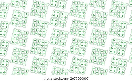 Um padrão geométrico verde de sinais de adição interconectados e quadrados arredondados em um fundo branco.