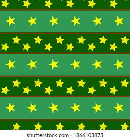 Green geometric pattern with red ribbons, yellow stars arranged in a row. Bright colored pattern