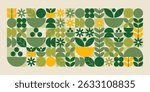 Green geometric plant shapes pattern. Simplified leaves and flowers, berries in warm yellow and olive tones in grid layout. Stylized floral elements composition. Organic nature vector illustration.
