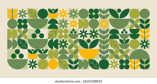 Green geometric plant shapes pattern. Simplified leaves and flowers, berries in warm yellow and olive tones in grid layout. Stylized floral elements composition. Organic nature vector illustration.