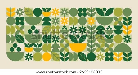Green geometric plant shapes pattern. Simplified leaves and flowers, berries in warm yellow and olive tones in grid layout. Stylized floral elements composition. Organic nature vector illustration.