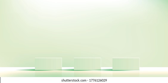 Green geometric podium square and minimal boxes. empty showcase for cosmetic product presentation. Fashion magazine. vector Illustration design.