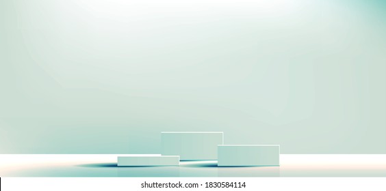 Green geometric podium square and minimal boxes. empty showcase for cosmetic product presentation. Fashion magazine. vector Illustration design.