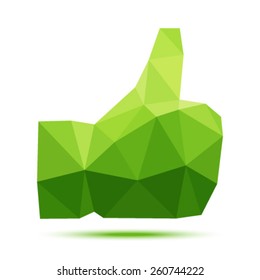 Green geometric polygonal thumb up icon, vector illustration