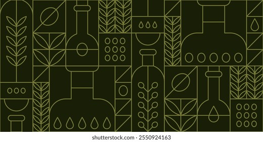 Green geometric seamless pattern with olive oil in bottles, fruits and tree leaves. Vector outline abstract background in modern lineart style with Mediterranean virgin cooking oil and branches