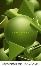Green geometric shapes cluster. Abstract elegant background. Vector 3d illustration. Vertical wallpaper. Flowing geometry primitives composition. Abstract art cloud. Banner or sign design