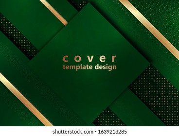 Green geometric shapes on a background of halftones from squares. Inclined stripes and small particles of gold color. Universal template for cover design, business card, flyer. Vector illustration
