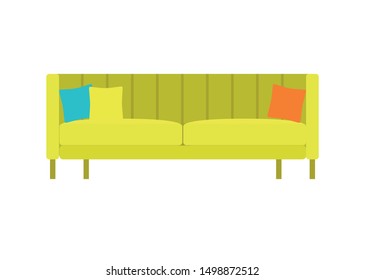 Green geometric sofa with a pillow for home and office isolated on a white background. Couch flat illustration for advertising banner concept of furniture stores, for mobile application or game.