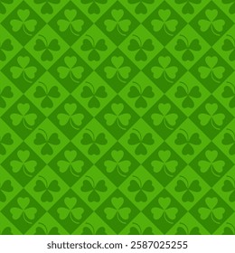 Green geometric St. Patrick pattern with Shamrock. Festive green decor for Irish traditional design. Vector illustration.