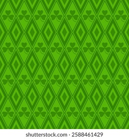 Green geometric St. Patrick pattern with Shamrock. Festive green decor for Irish traditional design. Vector illustration.