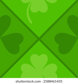 Green geometric St. Patrick pattern with Shamrock. Festive green decor for Irish traditional design. Vector illustration.