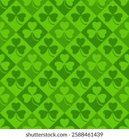 Green geometric St. Patrick pattern with Shamrock. Festive green decor for Irish traditional design. Vector illustration.