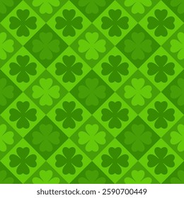 Green geometric St. Patrick pattern with Shamrock. Festive green decor for Irish traditional design. Vector illustration.