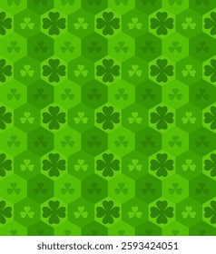 Green geometric St. Patrick pattern with Shamrock. Festive green decor for Irish traditional design. Vector illustration.