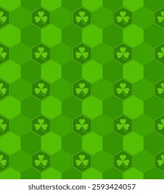 Green geometric St. Patrick pattern with Shamrock. Festive green decor for Irish traditional design. Vector illustration.