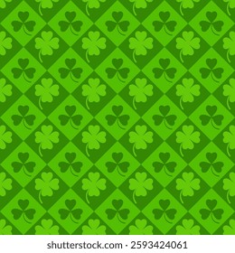 Green geometric St. Patrick pattern with Shamrock. Festive green decor for Irish traditional design. Vector illustration.