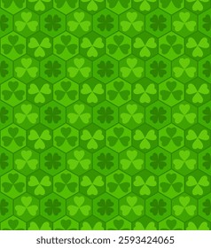 Green geometric St. Patrick pattern with Shamrock. Festive green decor for Irish traditional design. Vector illustration.