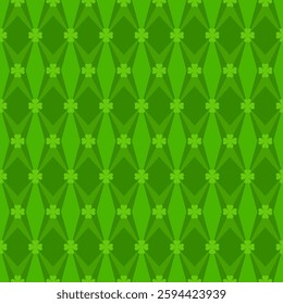 Green geometric St. Patrick pattern with Shamrock. Festive green decor for Irish traditional design. Vector illustration.