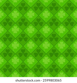 Green geometric St. Patrick pattern with Shamrock. Festive green decor for Irish traditional design. Vector illustration.