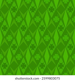 Green geometric St. Patrick pattern with Shamrock. Festive green decor for Irish traditional design. Vector illustration.