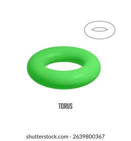 Green geometric torus shape rotating in empty white space with wireframe version showing its structure, perfect for explaining abstract mathematical concepts