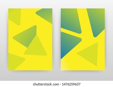 Green geometric triangle arrows on yellow design for annual report, brochure, flyer, leaflet, poster. Green geometric arrows background. Abstract A4 brochure template. Flyer vector illustration.