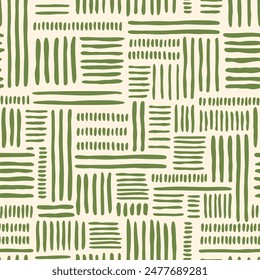 Green geometric tribal patchwork seamless pattern. Hand drawn lines, striped tropical wallpaper, organic print, summer textile design. African boho folk motif, cute ornament. Vector illustration.