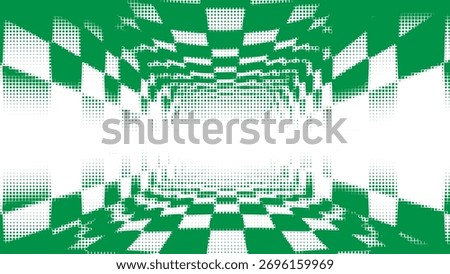 Green geometric tunnel pattern with checkered grid effect, abstract digital 3D perspective background, modern futuristic motion illusion concept illustration