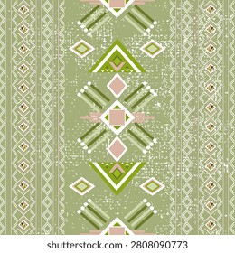 A green geometric vector seamless pattern with tribal ornaments on a white small dot background. Navajo pattern. Design for elaborate borders, fabric edges, and textiles.