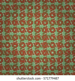 green geometrical seamless pattern in ritual lines style. Vector background. Colored, contrast design for web, carpet, page fill or other purpose. Classic decor.