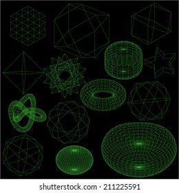 green geometry free form 3d Wireframe  on black.Vector Illustration   
 