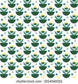 Green geometry plant pots pattern in vintage style on colorful background. Floral illustration. Seamless vector textur design