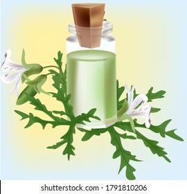 aceite esencial de geranio verde rodeado de hojas verdes y flores cerradas