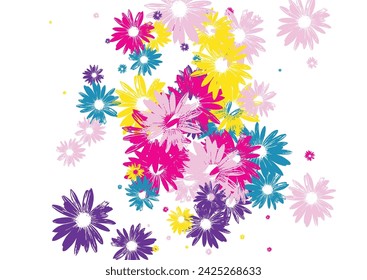 Green Gerbera Background White Vector. Flower Tiny Print. Blue Petal Attractive. Small Tile. Factory Violet Floral.