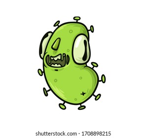 Green germ, virus, bacterium funny monster, cartoon character. Flat vector illustration, isolated on white background.